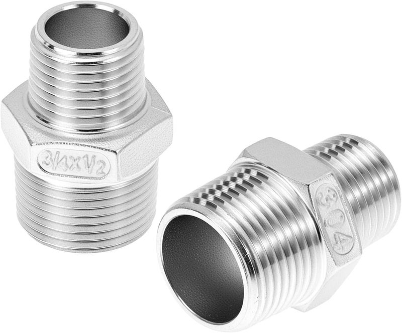 QWORK Reducing Hex Nipple, 2 Pack 3/4" NPT Male x 1/2" NPT Male 304 Stainless Steel Pipe Fitting, Threaded Pipe Fitting NPT, Straight Connector, Reducer Nipple Adapter - Image 1